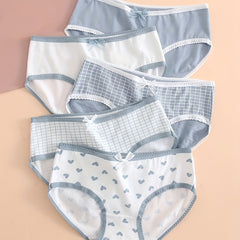 5pcs Heart & Plaid Print Briefs Comfy Intimates Panties