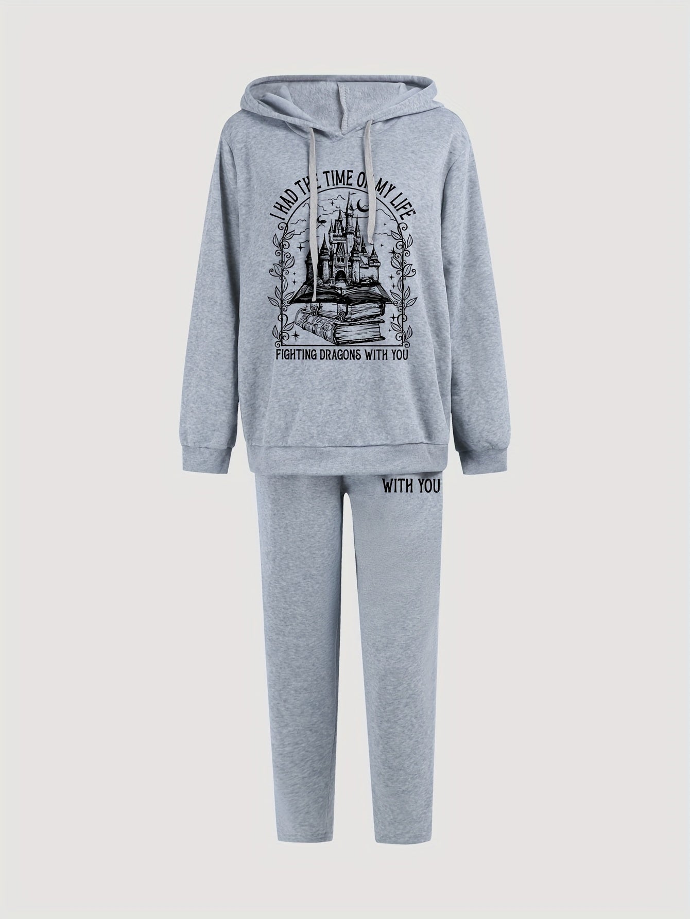 Women's Plus Size Castle & Book Print Hoodie & Sweatpants Set