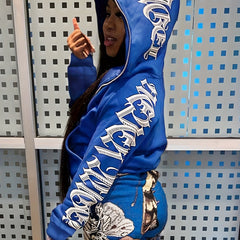 Y2k Sports Top Women's Plus Art Letter Print Zip Up Hooded Sweater
