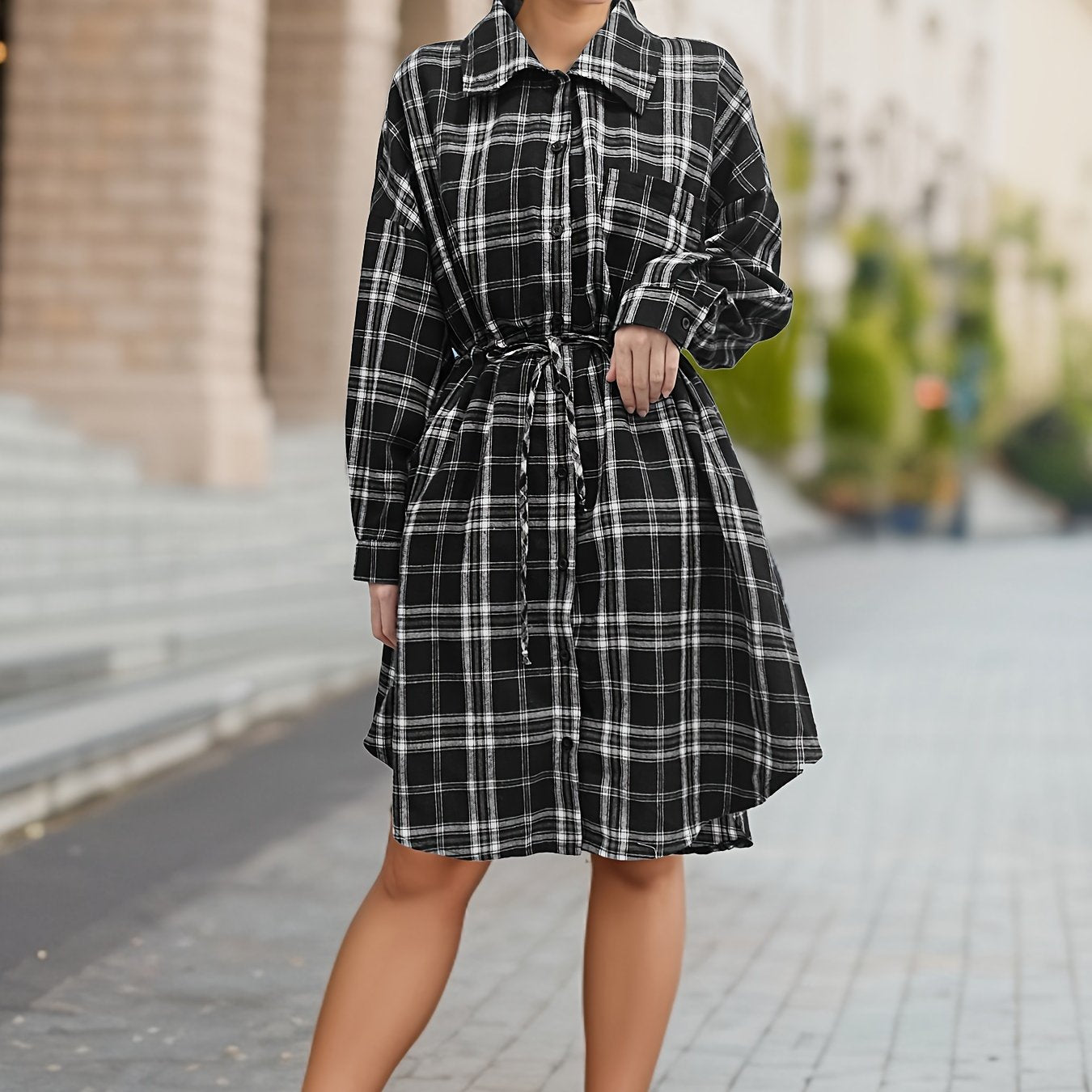 Women's Plus Size Plaid Button Up Long Sleeve Shirt Dress