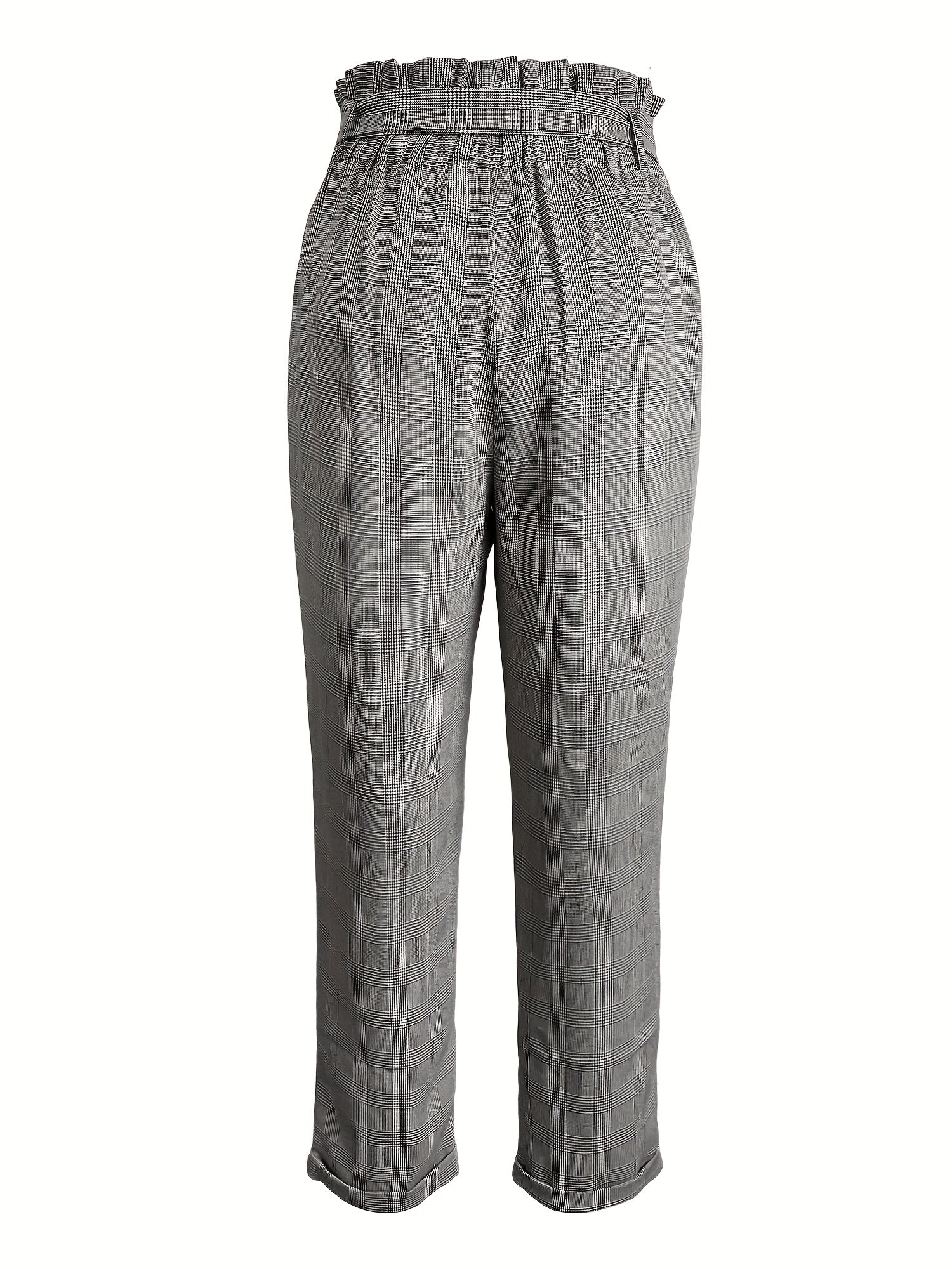 Plaid Print Belted Tapered Pants Paper Bag Waist