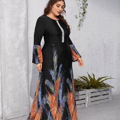 Colorblock Round Neck Maxi Dress Plus Size Women's Long Sleeve High Waist Dress