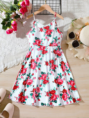 Girls Rose Flower Print Cami Dress For Party Vacation