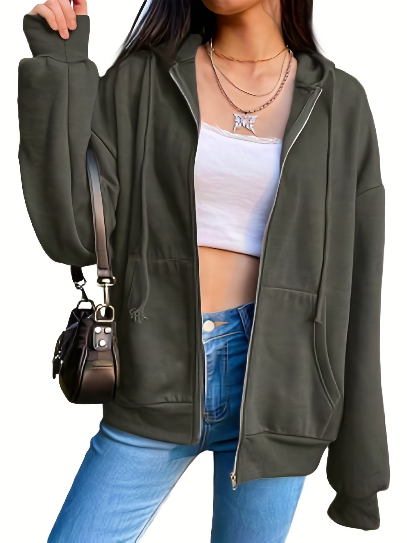 Women's Zip Up Solid Hoodie Long Sleeve Casual Sweatshirt