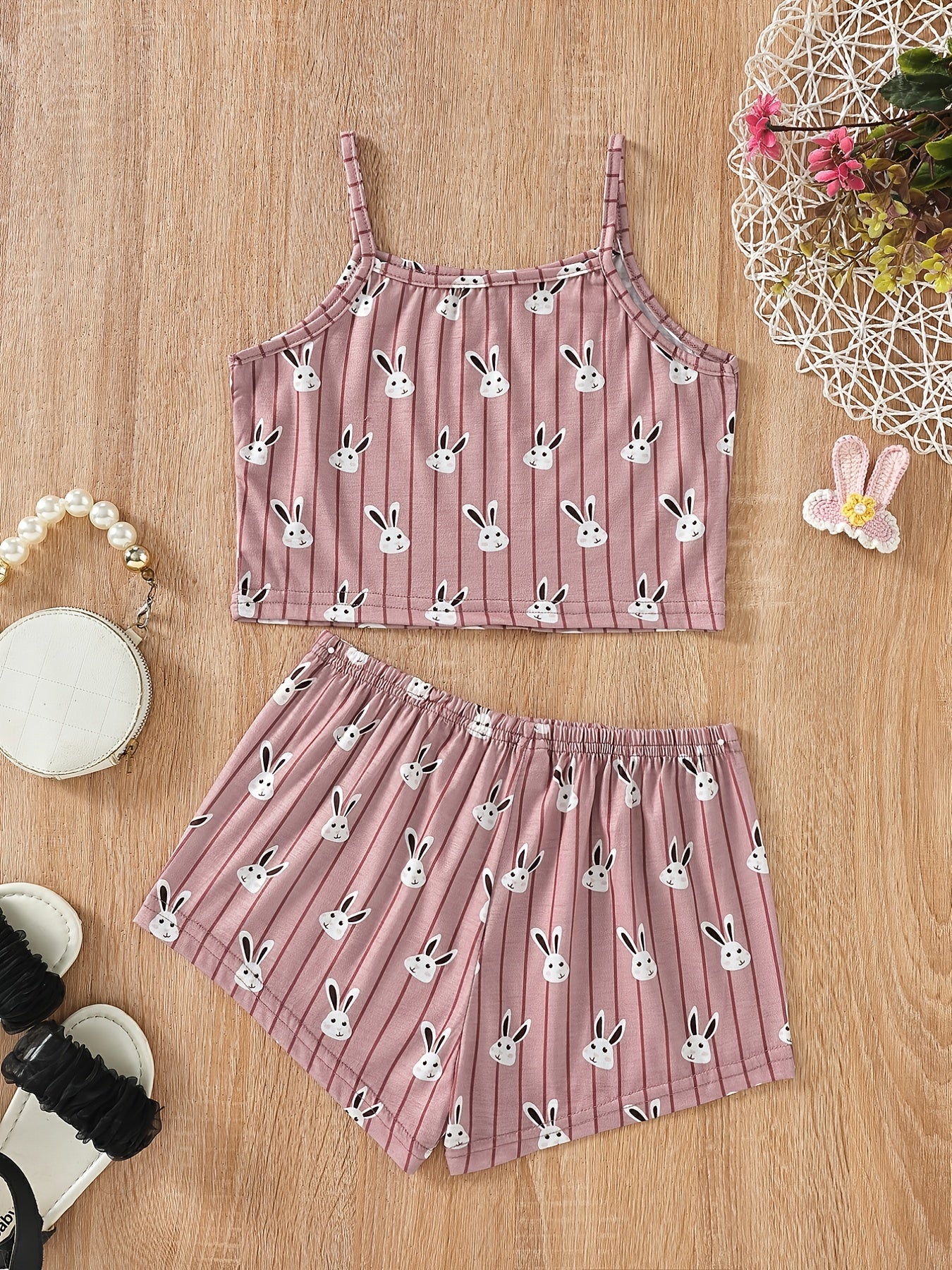 Girls Rabbit Print Pajama Set Cami Top and Shorts