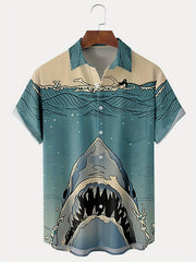 Shark Print Casual Hawaiian Shirt - Men's Summer Vacation Resort Top