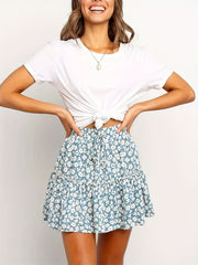 Floral Print Ruffle Trim Skirt Boho Drawstring Skirt