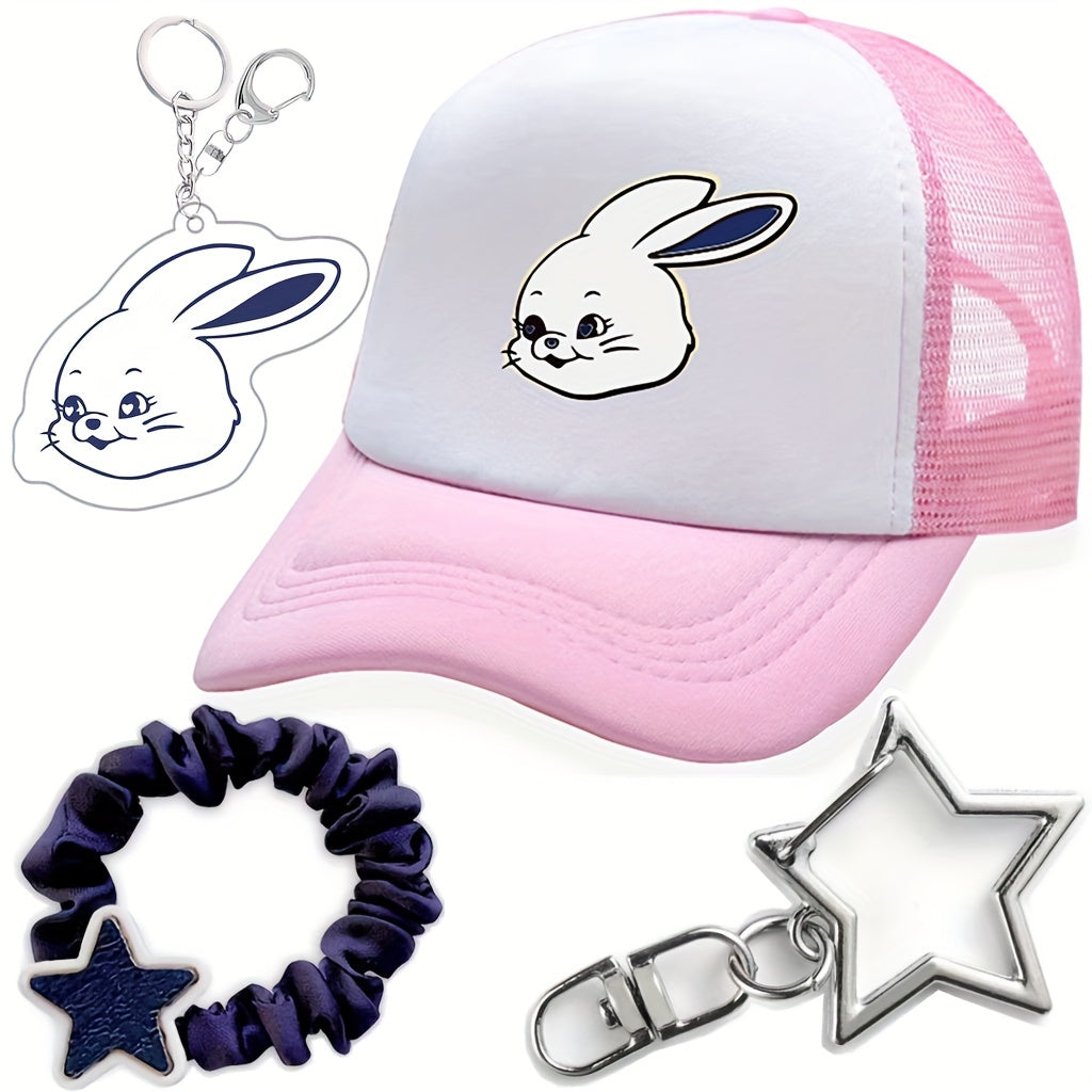 4pc Rabbit Y2K Pink Trucker Hats + 3 Hair Tie Key Ring Star Pe