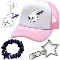 4pc Rabbit Y2K Pink Trucker Hats + 3 Hair Tie Key Ring Star Pe