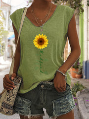 Sunflower & Letter Print V Neck Tank Top Summer Sleeveless Tank