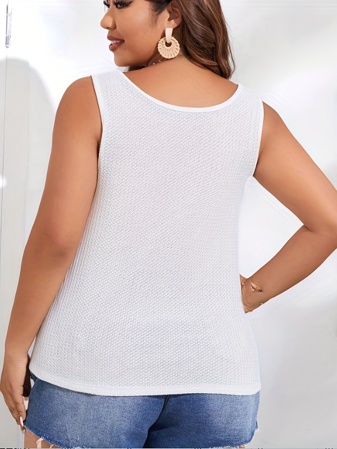 Casual Tank Top Round Neck Button Decor Semi Sheer Medium
