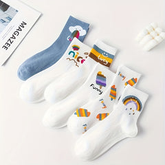 6 Pairs Cartoon Food Print Socks & Funny Mid Tube Socks Women's Stockings