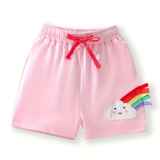 Toddler Girls Cloud Rainbow Embroidered Bow Elastic Waist Cotton Shorts