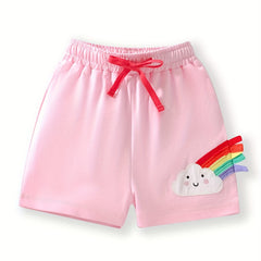Toddler Girls Cloud Rainbow Embroidered Bow Elastic Waist Cotton Shorts