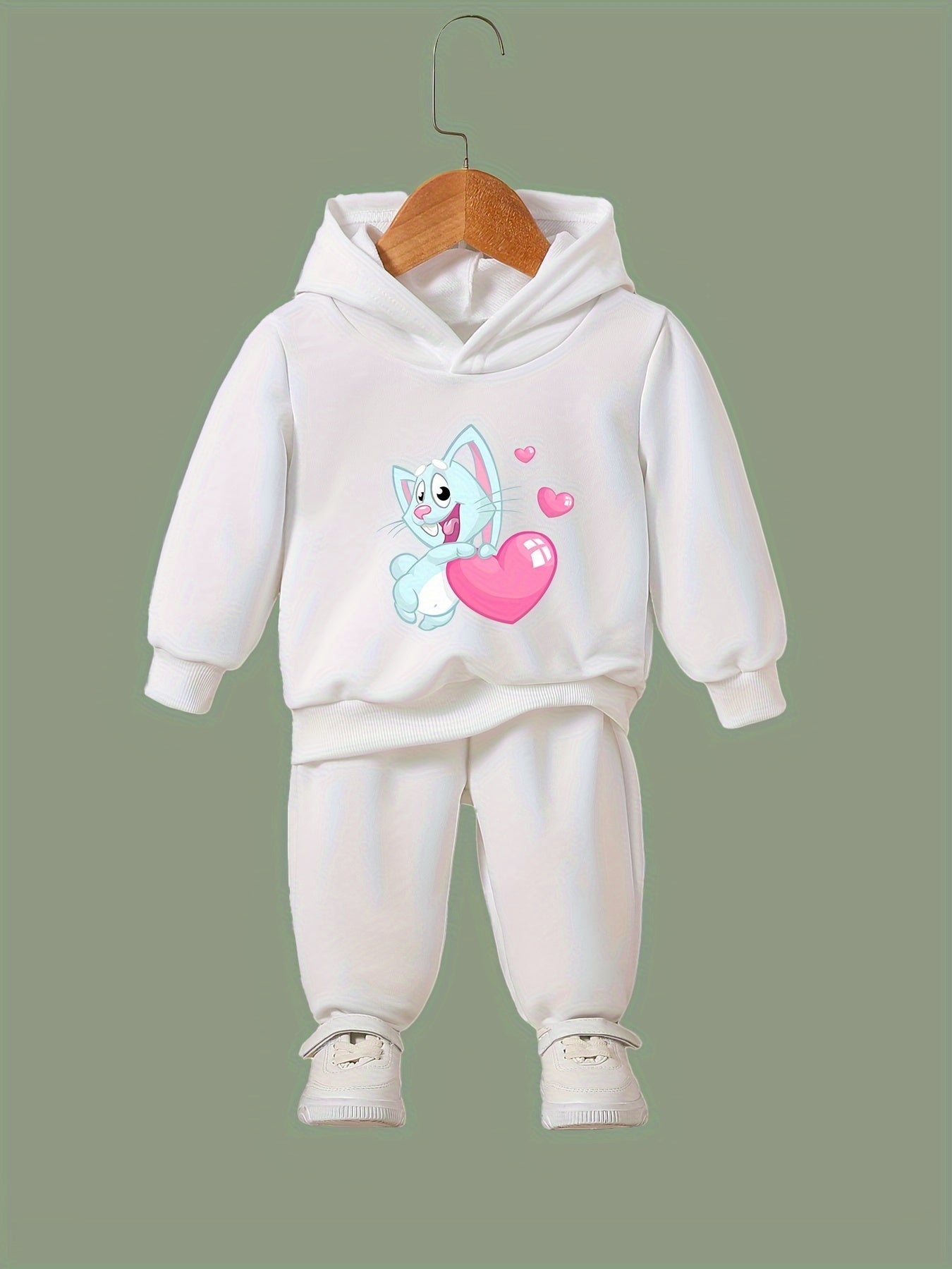 Girls 2pcs Cat & Heart Pattern Hooded Sweatshirt & Sweatpants Set