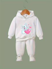 Girls 2pcs Cat & Heart Pattern Hooded Sweatshirt & Sweatpants Set