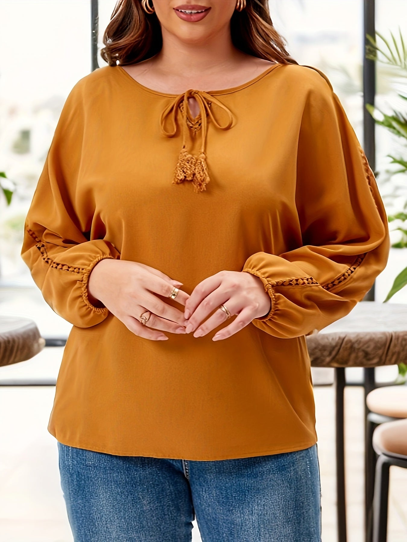 Casual Blouse Women's Plus Solid Contrast Lace Round Neck Lantern Slee