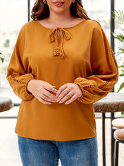 Casual Blouse Women's Plus Solid Contrast Lace Round Neck Lantern Slee