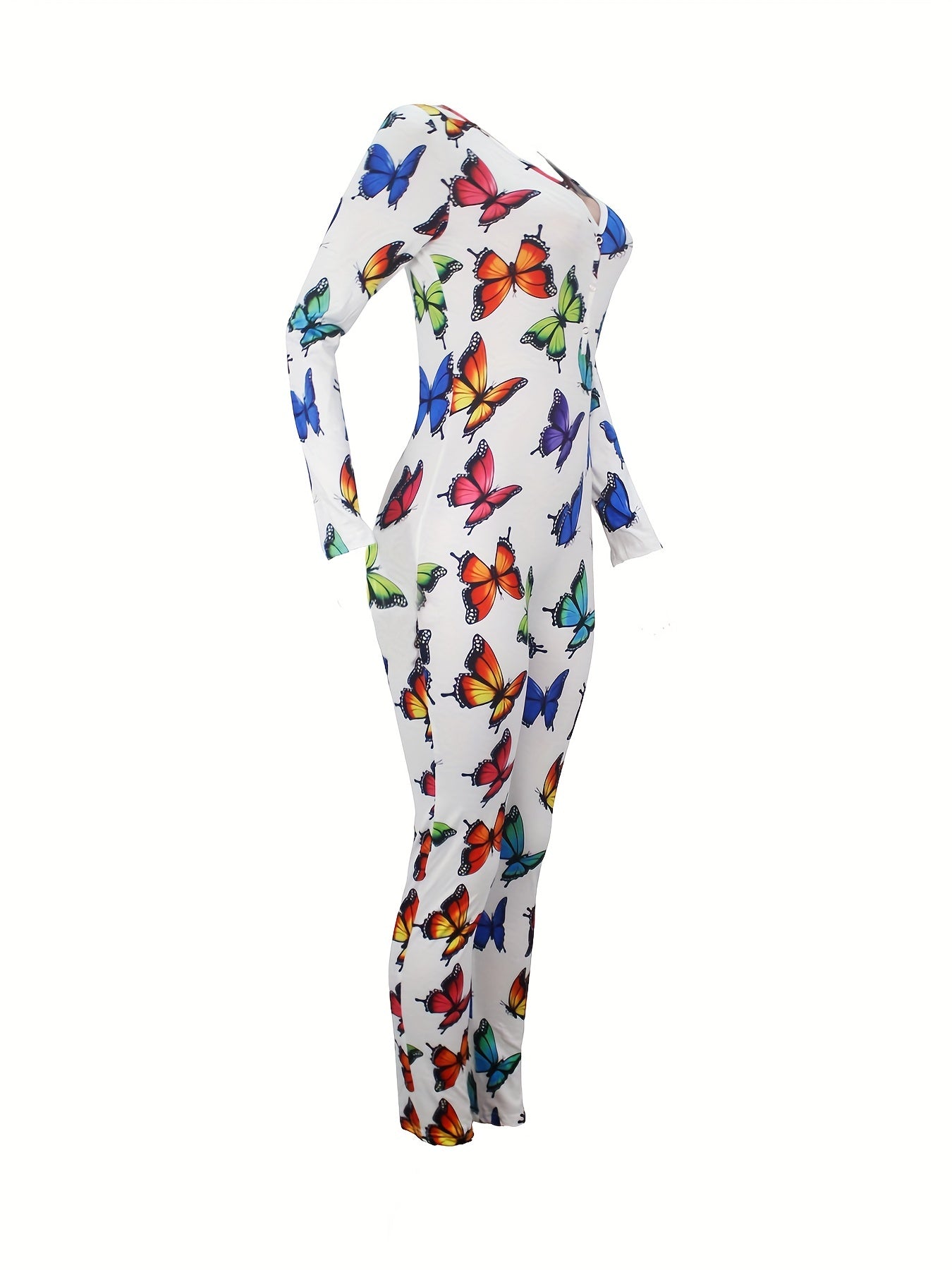 Butterfly Print Lounge Jumpsuit V Neck Long Sleeve Buttons Jumpsuit
