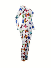 Butterfly Print Lounge Jumpsuit V Neck Long Sleeve Buttons Jumpsuit