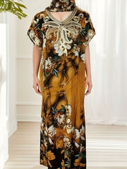 Floral Print Embroidered Bat Sleeve V Neck Maxi Jalabiya Dress