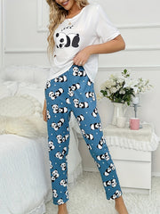 Panda Print Pajama Set Short Sleeve Crew Neck Top & Pants Women's Sleepwear