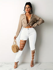 Laced Cutout Skinny Jeans High Rise Slim Fit Jeans With Lace Up Holes