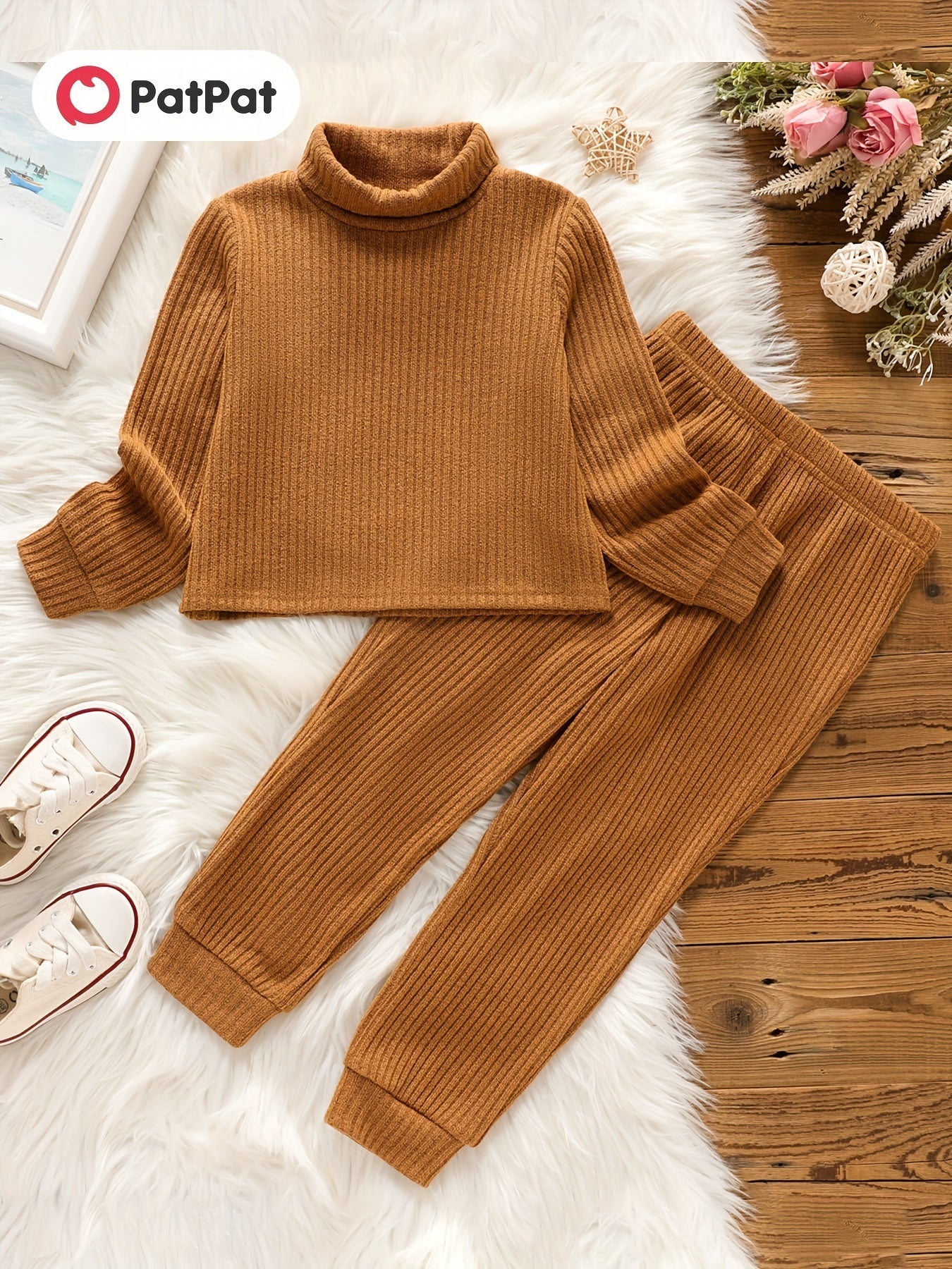 Toddler Girls Ribbed Sweater & Pants Set Turtleneck Long Sleeve Pullover Top