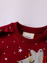 Girls Embroidered Pony & Stars Print Sweatshirt - Sports Casual Outfit