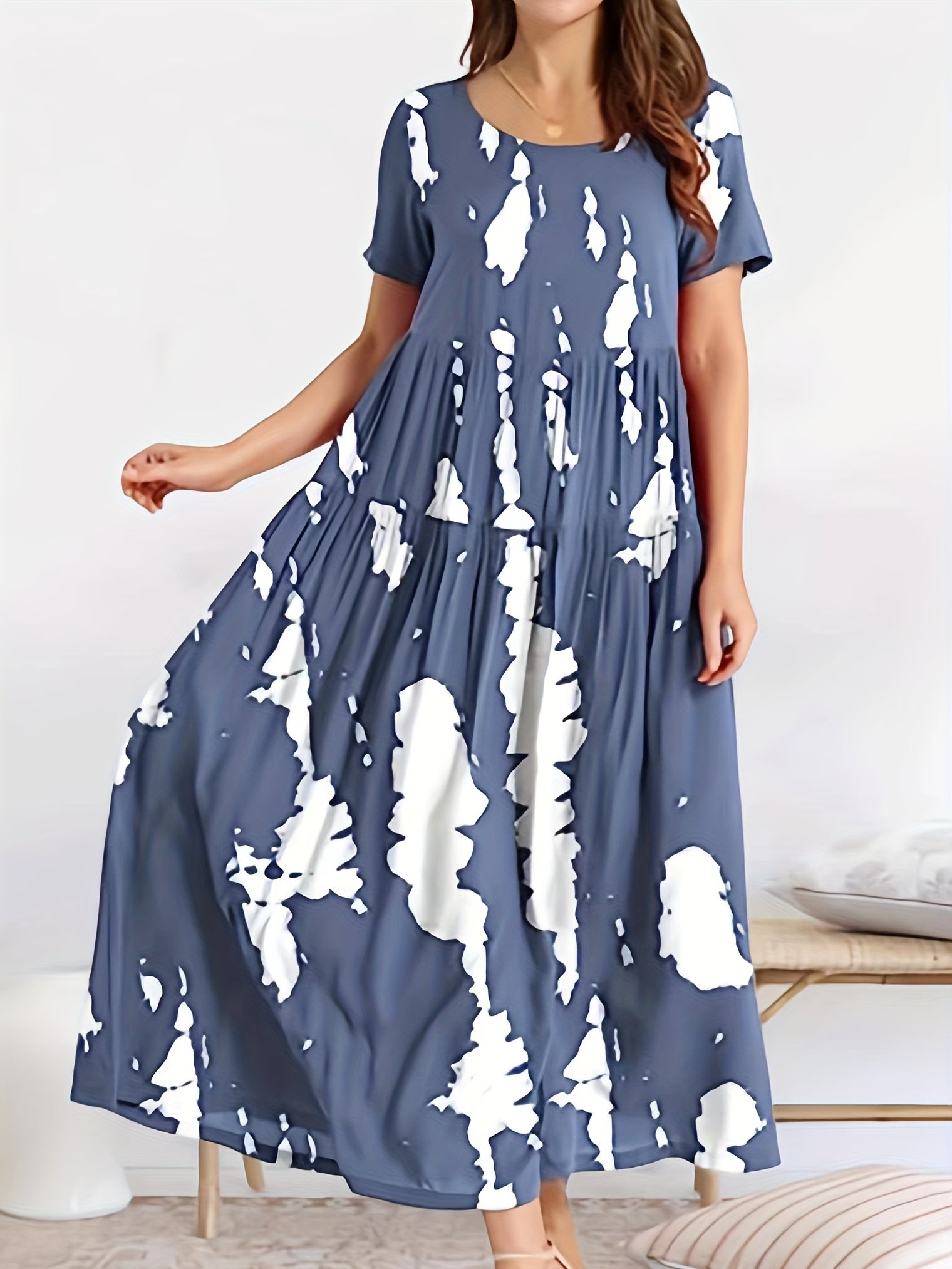 Casual Dress Women's Tie Dye Short Sleeve Maxi Smock Dress