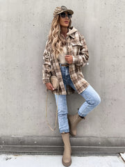 Preppy Button Plaid Drop Shoulder Jacket