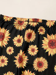 Girls Little Miss Print Top & Sunflower Print Pants Set Ruffle Round Neck 2pcs