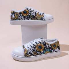 Floral & Leopard Print Lace-Up Low Round Toe Lightweight Flat Shoes