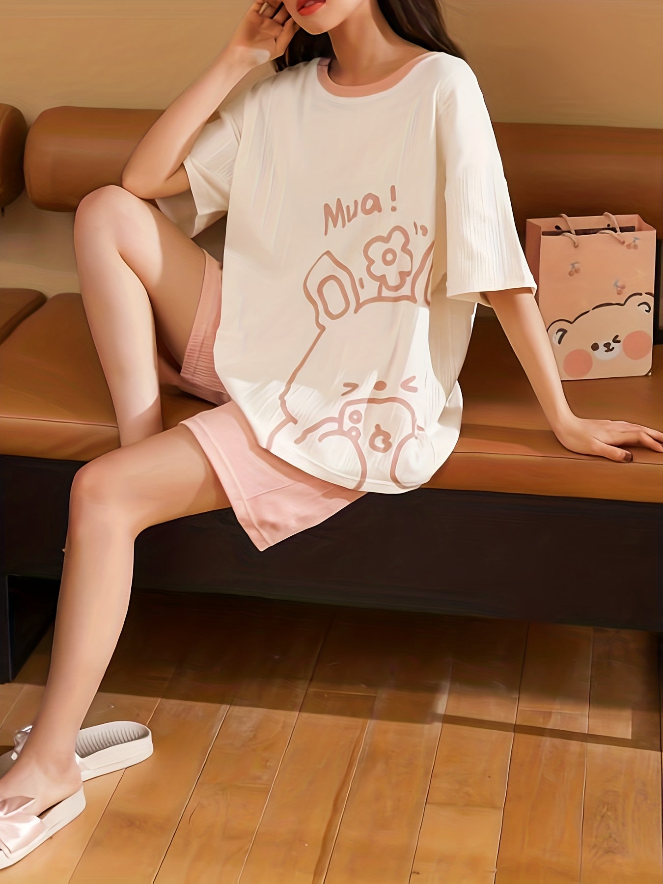 Bunny Print Pajamas Set Short Sleeve Crew Neck Top & Shorts
