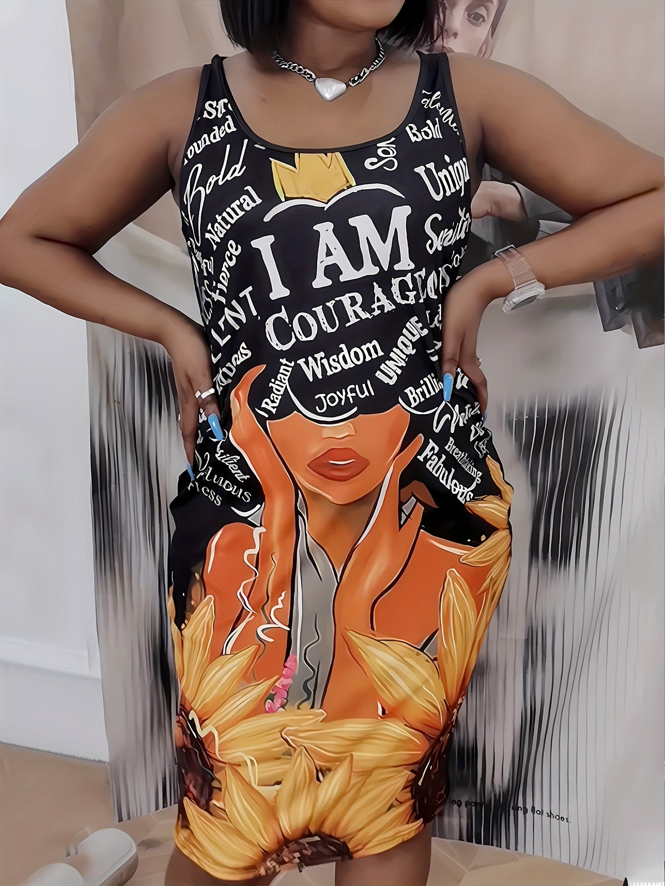 Casual Tank Dress Women's Printed Scoop Neck Slim Fit Tank Dress