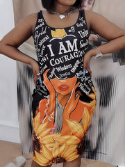 Casual Tank Dress Women's Printed Scoop Neck Slim Fit Tank Dress
