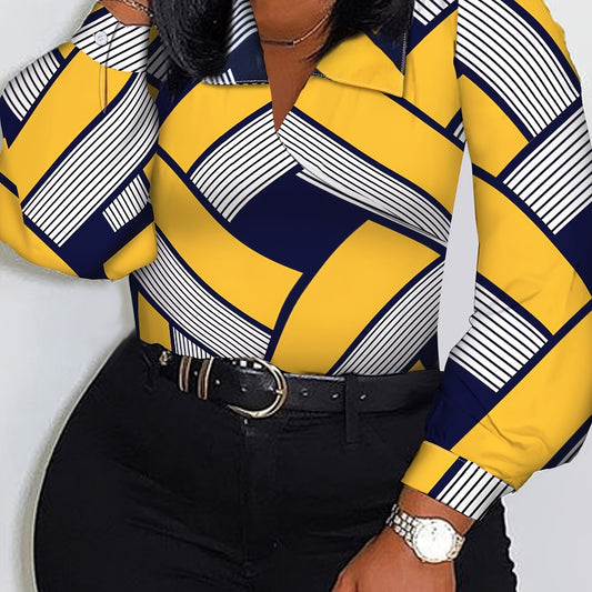 Casual Blouse Women's Plus Colorblock Geometric Print Long Sleeve