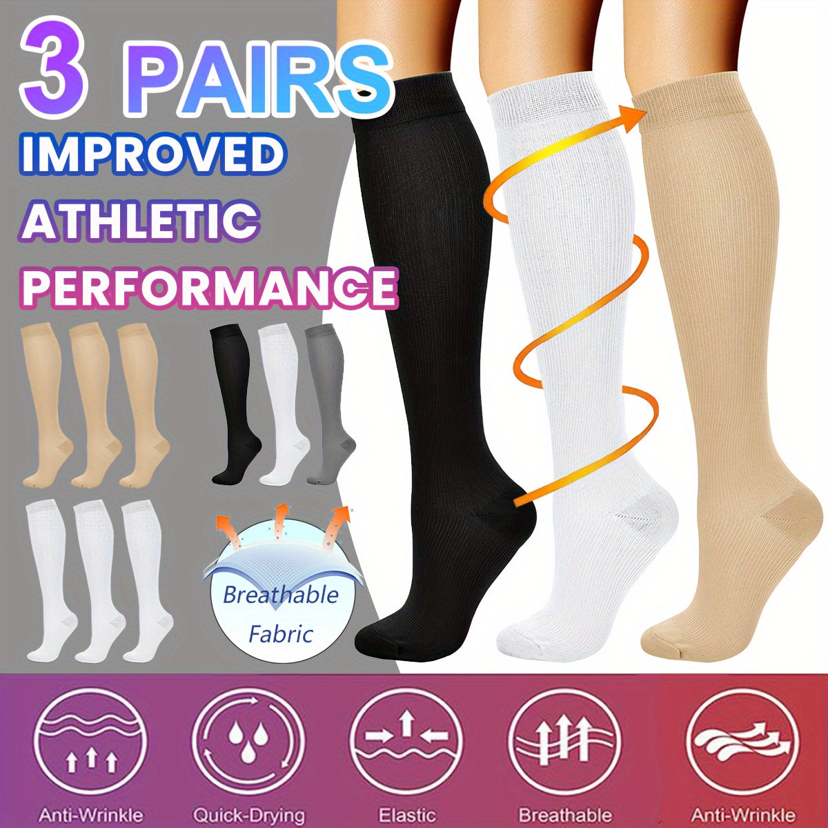 3 Pairs Copper Compression Socks 10-20 mmHg for Men & Women