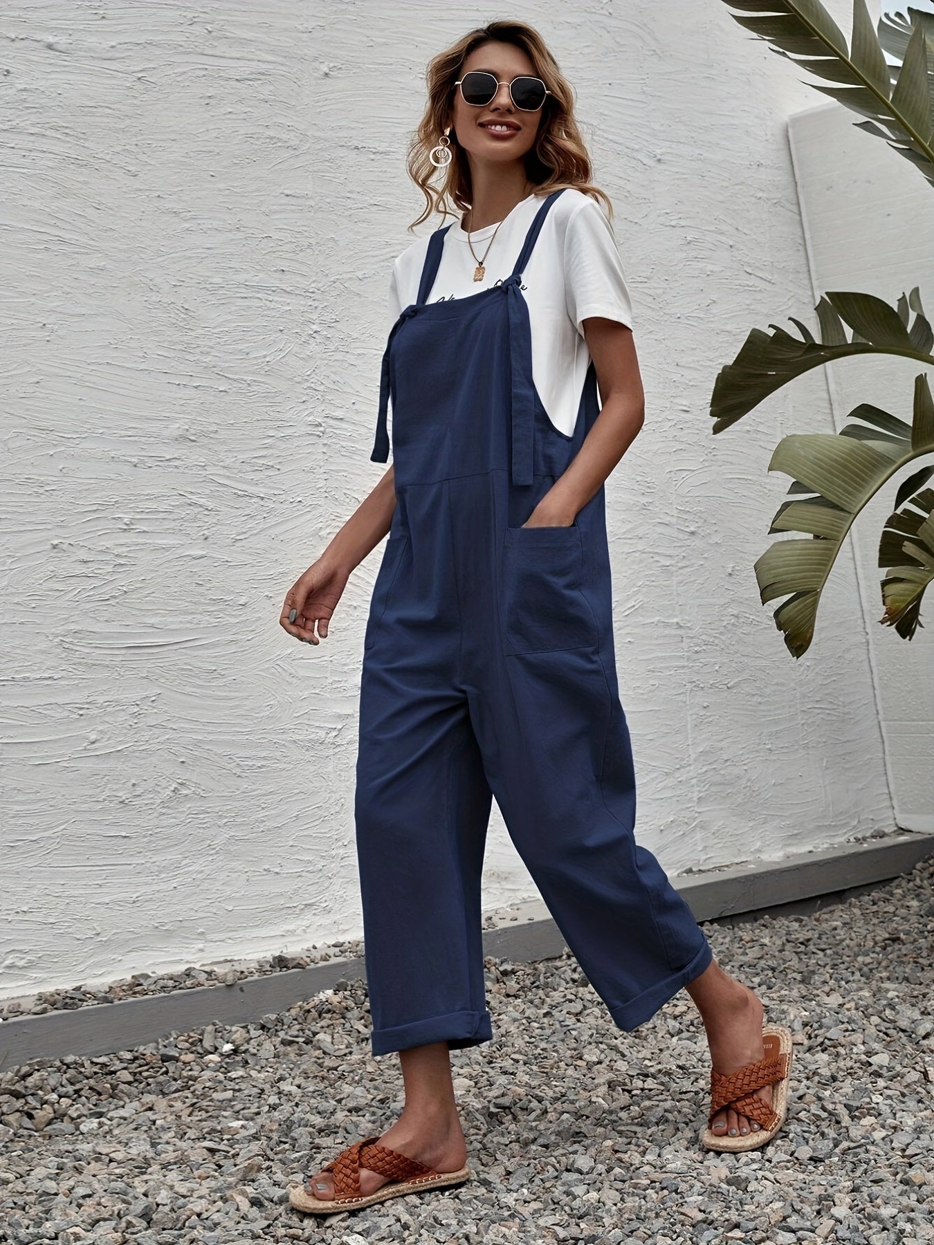 Casual Sleeveless Wide Leg Jumpsuit With Pockets Women's Clothing