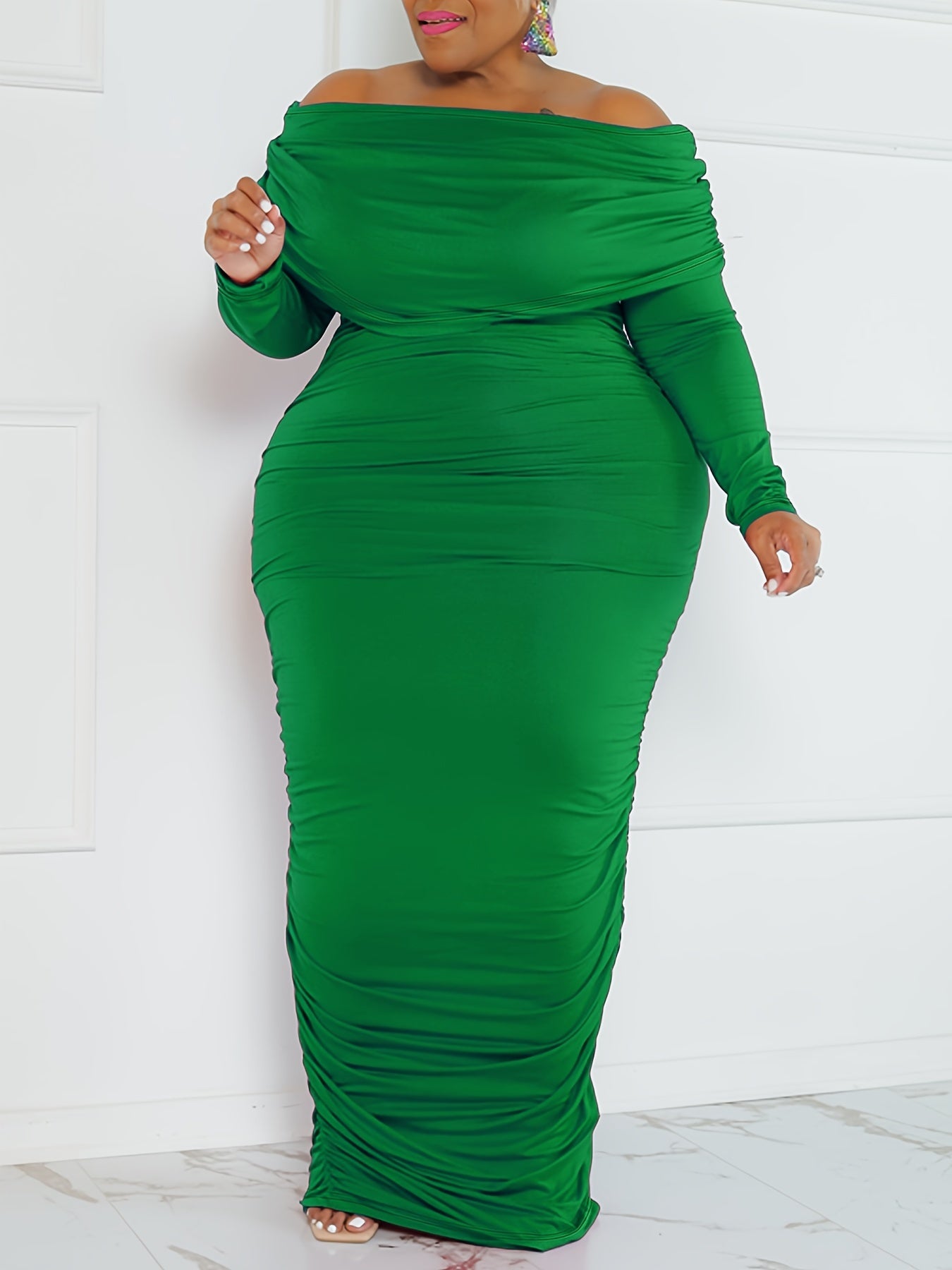 Solid Ruched Off Shoulder Bodycon Midi Dress