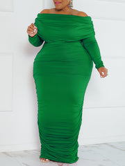 Solid Ruched Off Shoulder Bodycon Midi Dress