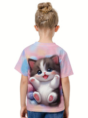 3D Sweet Cat Graphic Short Sleeve T-shirt for Kids