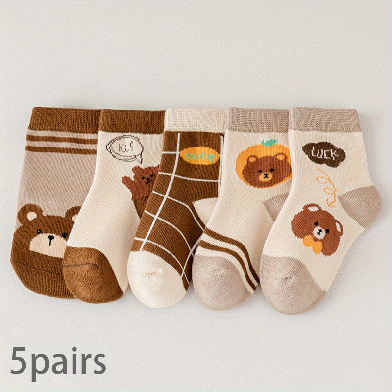 5pairs Kids Cartoon Bear Pattern Socks Soft Comfy Socks for Autumn Winter