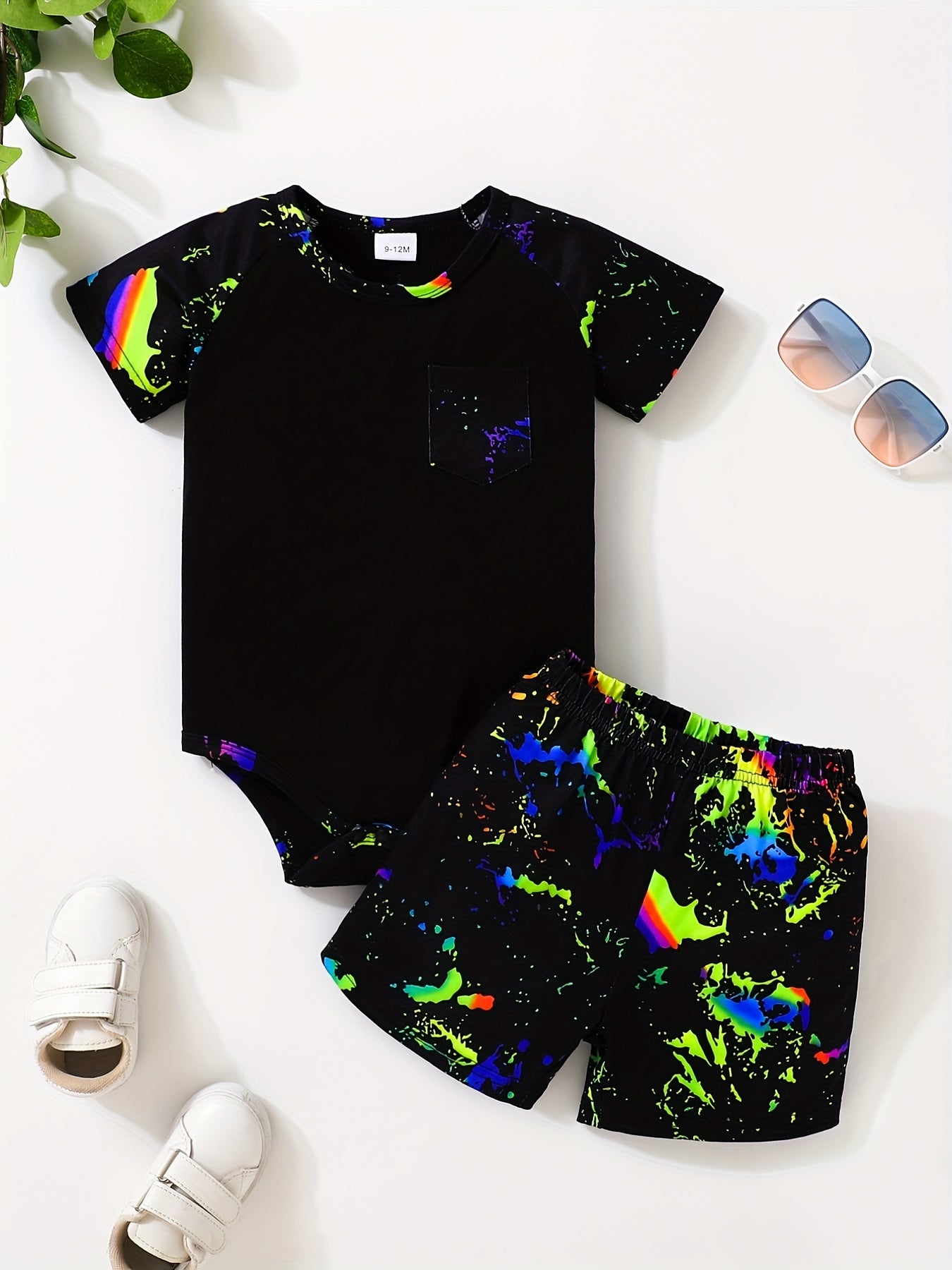 Graffiti Glow In The Dark Print Romper & Shorts Set