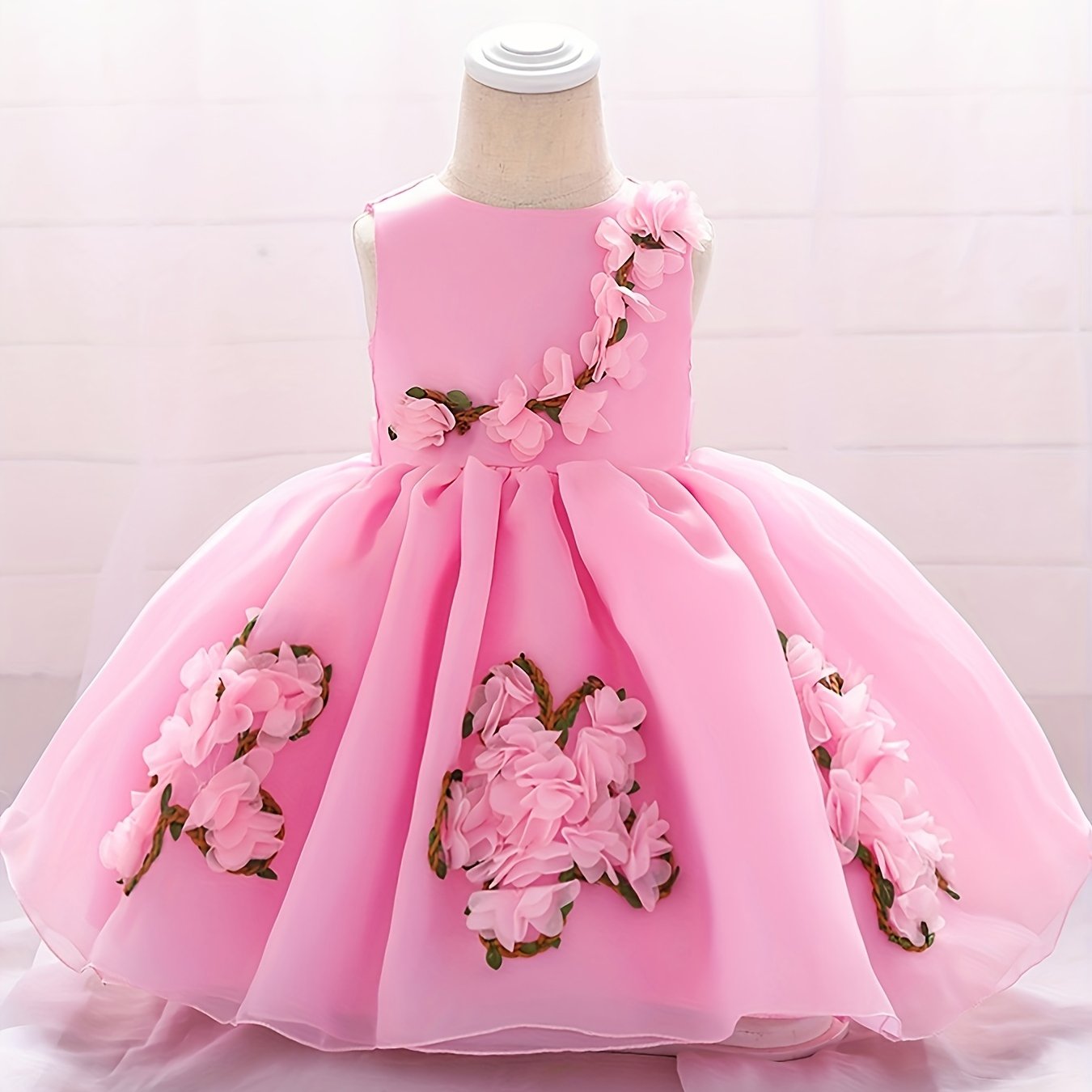 Baby Girl 1st Birthday Puffy Dress with Flower Decors