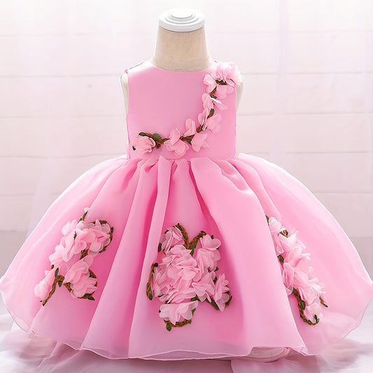Baby Girl 1st Birthday Puffy Dress with Flower Decors
