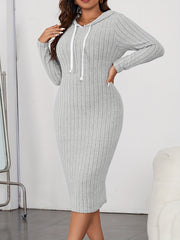 Solid Ribbed Long Sleeve Drawstring Hooded Dress