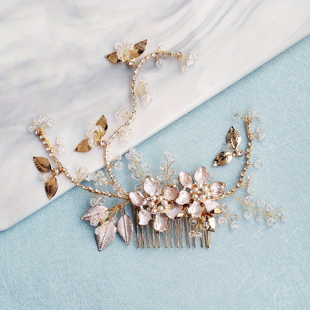 Flower Charm Hair Comb Rhinestone & Faux Pearl Hair Pin Bridal Wedding Headwear
