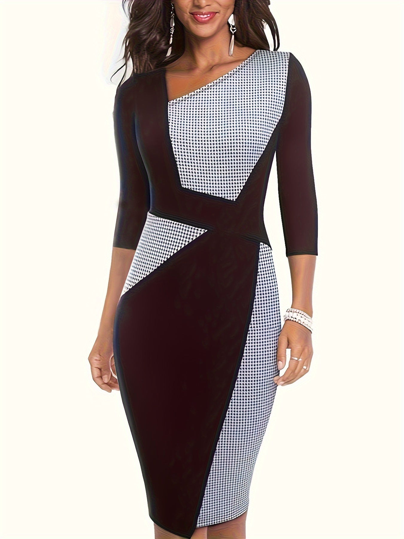 Colorblock Houndstooth Print Half Sleeve Dress