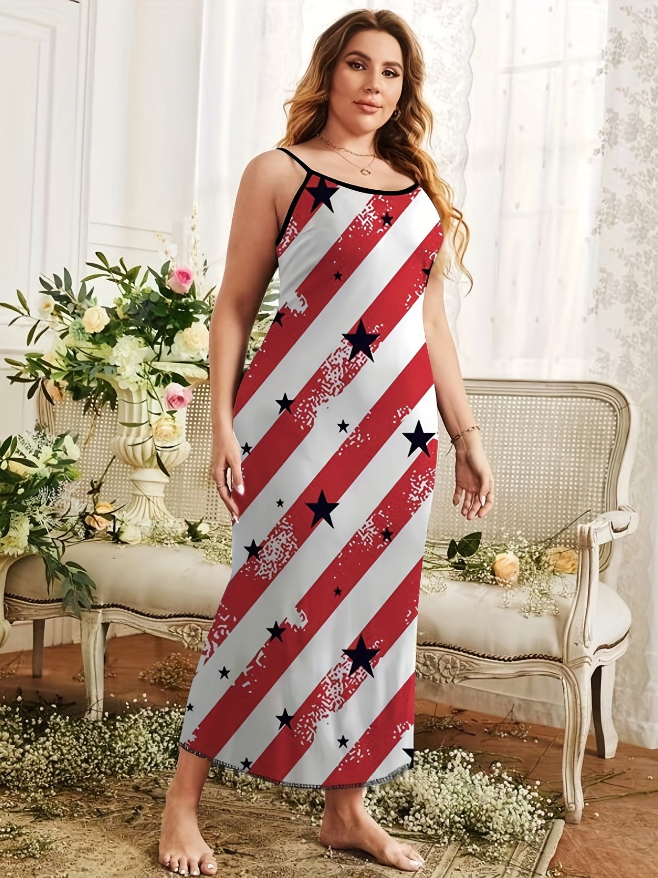Independence Casual Nightdress Colorblock Stripe & Star Print